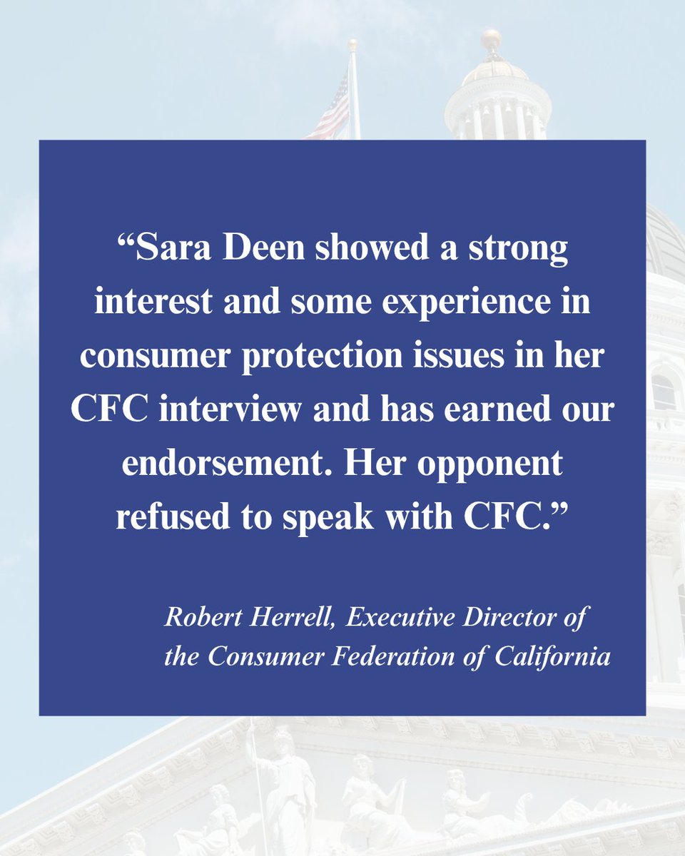 consumercal's tweet photo. The Consumer Federation of California is pleased to endorse Sara Deen for AD 66. https://t.co/LnMyB3wcsu