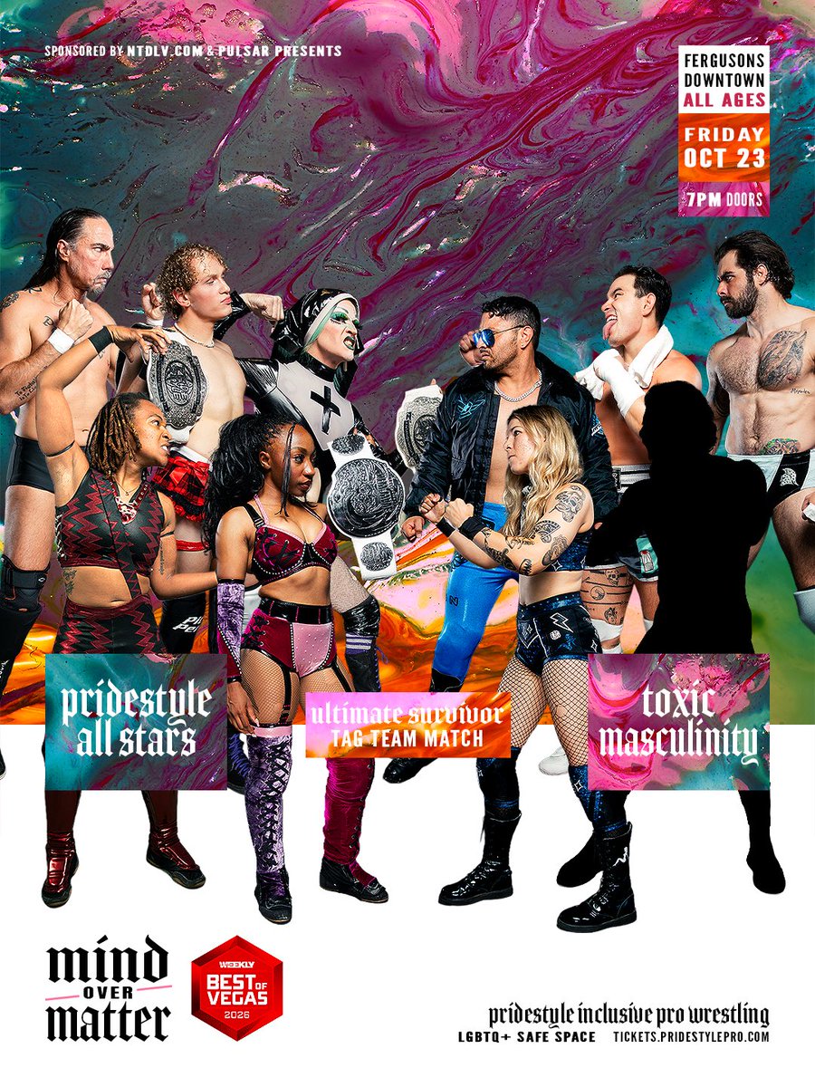 PrideStylePro's tweet photo. Ultimate Survivor Tag-Team Match
𝖕𝖗𝖎𝖉𝖊𝖘𝖙𝖞𝖑𝖊 𝖆𝖑𝖑 𝖘𝖙𝖆𝖗𝖘 
vs
𝖙𝖔𝖝𝖎𝖈 𝖒𝖆𝖘𝖈𝖚𝖑𝖎𝖓𝖎𝖙𝖞

Theres only two rules, no bigots &amp; bangers only

PrideStyle 𝖒𝖎𝖓𝖉 𝗼𝘃𝗲𝗿 𝖒𝖆𝖙𝖙𝖊𝖗
𝟳𝗣𝗠 𝗗𝗼𝗼𝗿𝘀 • 10/23
Fergusons Downtown ALL AGES
https://t.co/9sTcv7sNrK https://t.co/8e8DukZwj1