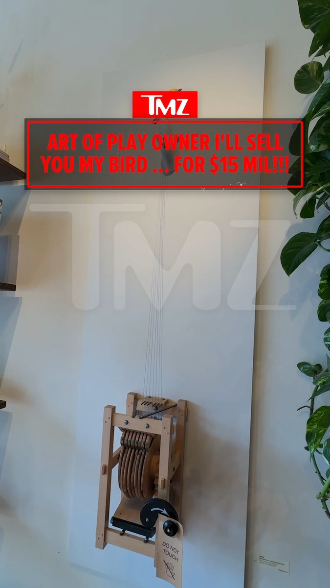 A wooden mechanical "singing bird" contraption with a "DO NOT TOUCH!" tag hangs on a wall, displayed with a TMZ headline reading "ART OF PLAY OWNER I'LL SELL YOU MY BIRD... FOR $15 MIL!!" referencing the $15 million asking price for the novelty item at the center of the Kelly Clarkson store feud.