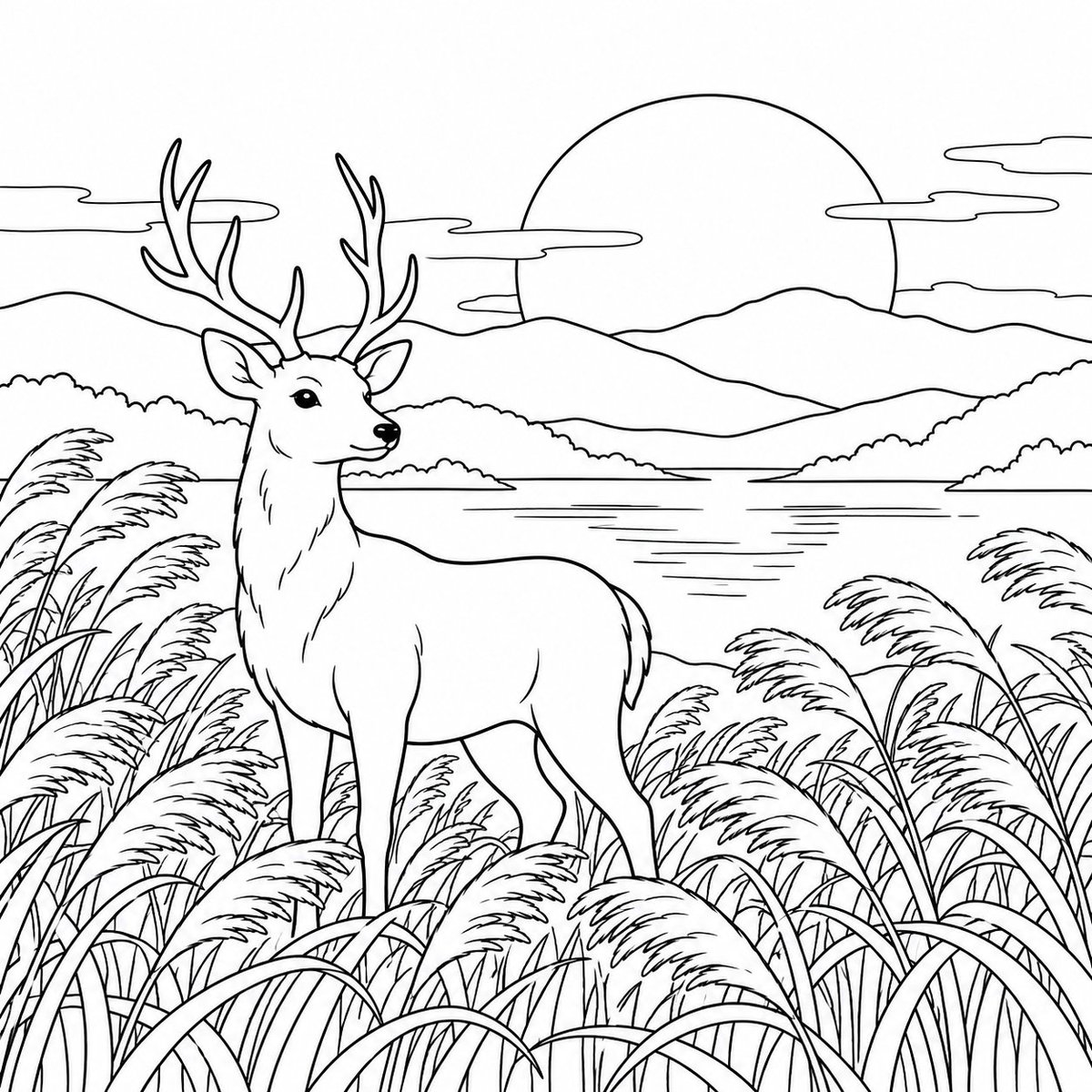 nurie117's tweet photo. すすき野原に立つ鹿と、沈む夕日の線画です🦌

対象：大人と子供／難易度：普通 https://t.co/TDVRsNqU06