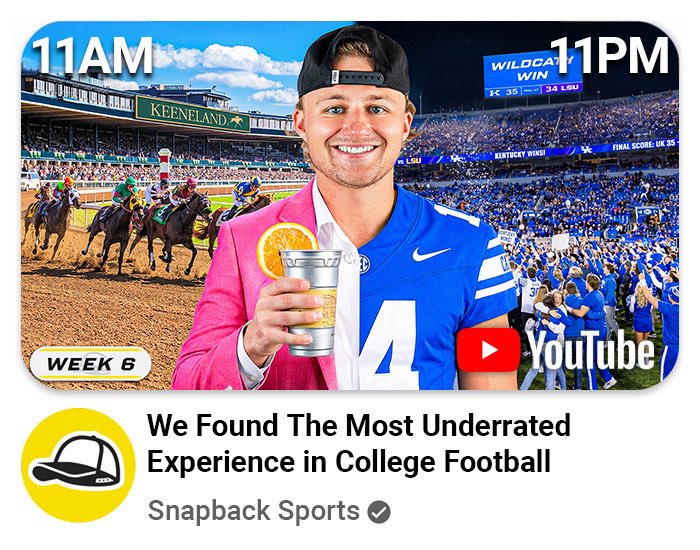 snapbacksports's tweet photo. 🚨LIVE NOW ON YOUTUBE 🚨

Is the Kentucky/Keeneland Double the most UNDERRATED Experience in College Football? 

One of our best videos on the channel ever… https://t.co/cDxX2sunOr