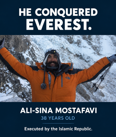 Realneo101's tweet photo. An Iranian who summited Everest was hanged by the Islamic regime. Major news outlets ignored it. So we’ll cover it ourselves.

Say his name: Ali-Sina Mostafavi https://t.co/vZmSDPMhnE