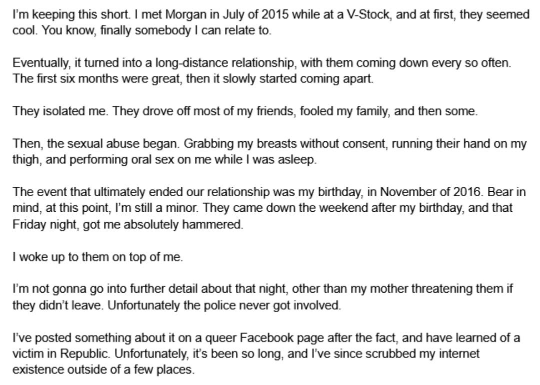 Acewithgasolin1's tweet photo. Morgan Albertson is a rapist and a fucking pedo. I am sick about this one. My heart breaks. #Iamjanedoe  #MorganAlbertson #morganalbertsonisarapist #nameyourrapist
#MorganJaneAlbertson https://t.co/etksYtYpSW