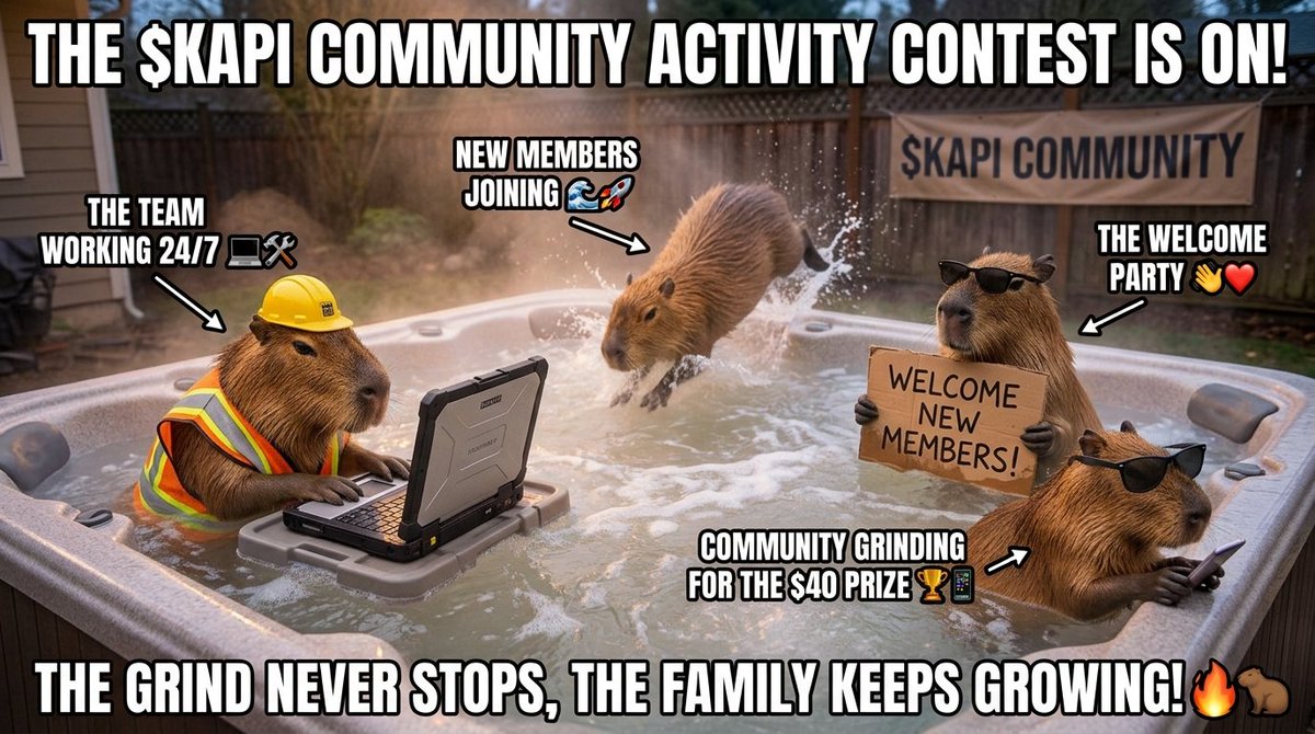 Kapibaraoffical's tweet photo. 🦫🔥 A massive welcome to all new Kapibaras joining the Jacuzzi! 🛁🌊
​The team is building $KAPI non-stop, but right now it's all about our 2-Week Community Activity Contest! 🏆
​💰 $40 Prize Pool (1st $20 | 2nd $10 | 3rd-4th $5)
Stay active, smash those X engagements, and help newcomers! 🤝
​💬 Join the family on Telegram:
https://t.co/O5GlmXfXd2
​👇 Rules & original post:

​Let’s turn up the heat! LFG $KAPI! 🚀🛁