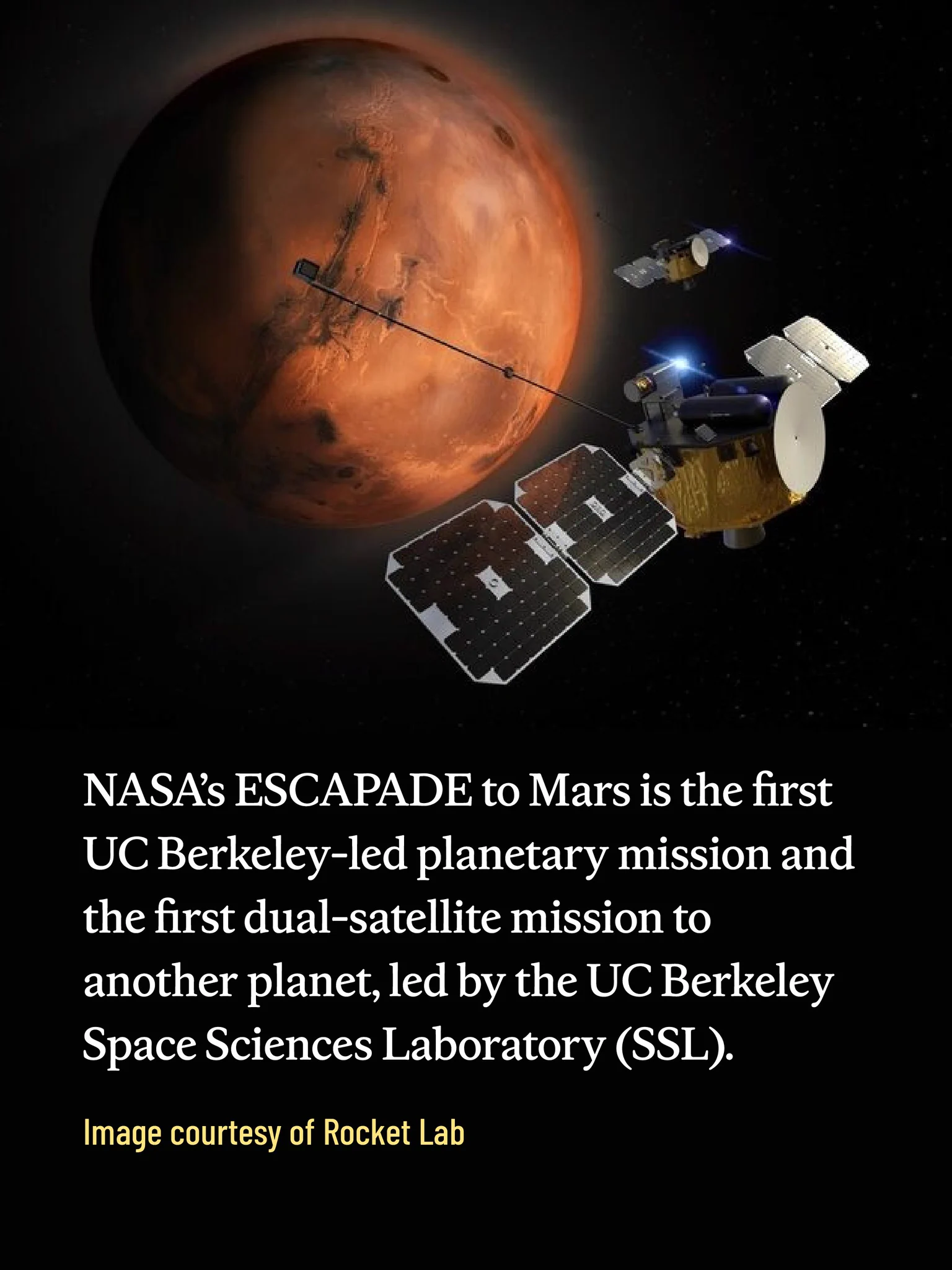 A rendered image courtesy of Rocket Lab, showing the ESCAPADE mission's two identical satellites — “Blue” and “Gold” — orbiting around Mars.