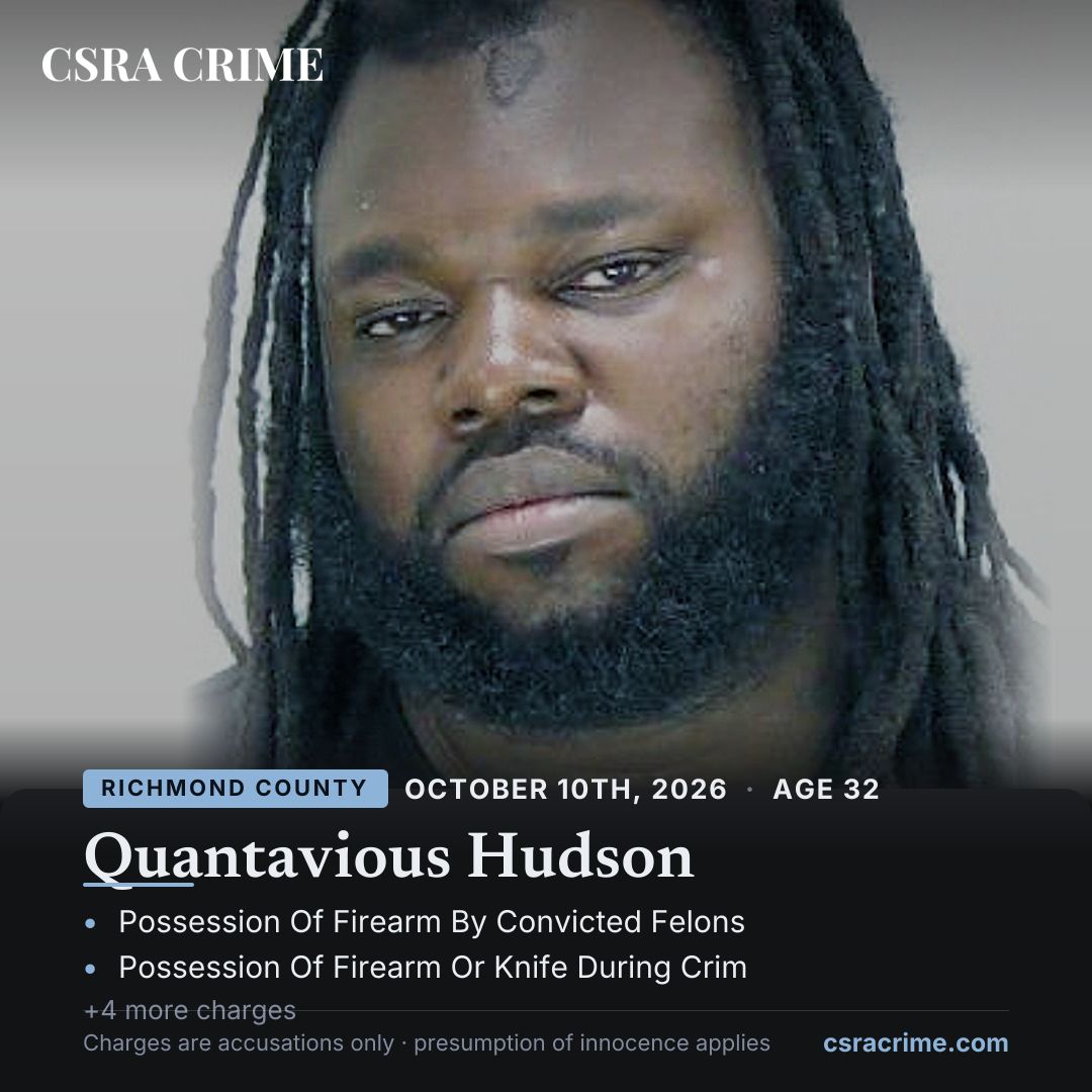 csracrime's tweet photo. Quantavious Hudson was booked in Richmond County on October 10th, 2026. Top charge: Possession Of Firearm By Convicted Felons. Presumption of innocence applies.
#CSRACrime #Richmond
https://t.co/i7uxv7iC6T https://t.co/Zhay1flQey