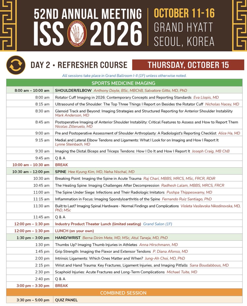 ISS_Bone's tweet photo. Day 2 of the #ISS2026 Annual Meeting Refresher Course. 

We hope you are enjoying all of the offerings at the meeting, both in session and between sessions!

Schedules for today included below. https://t.co/GEtUlyTUeH