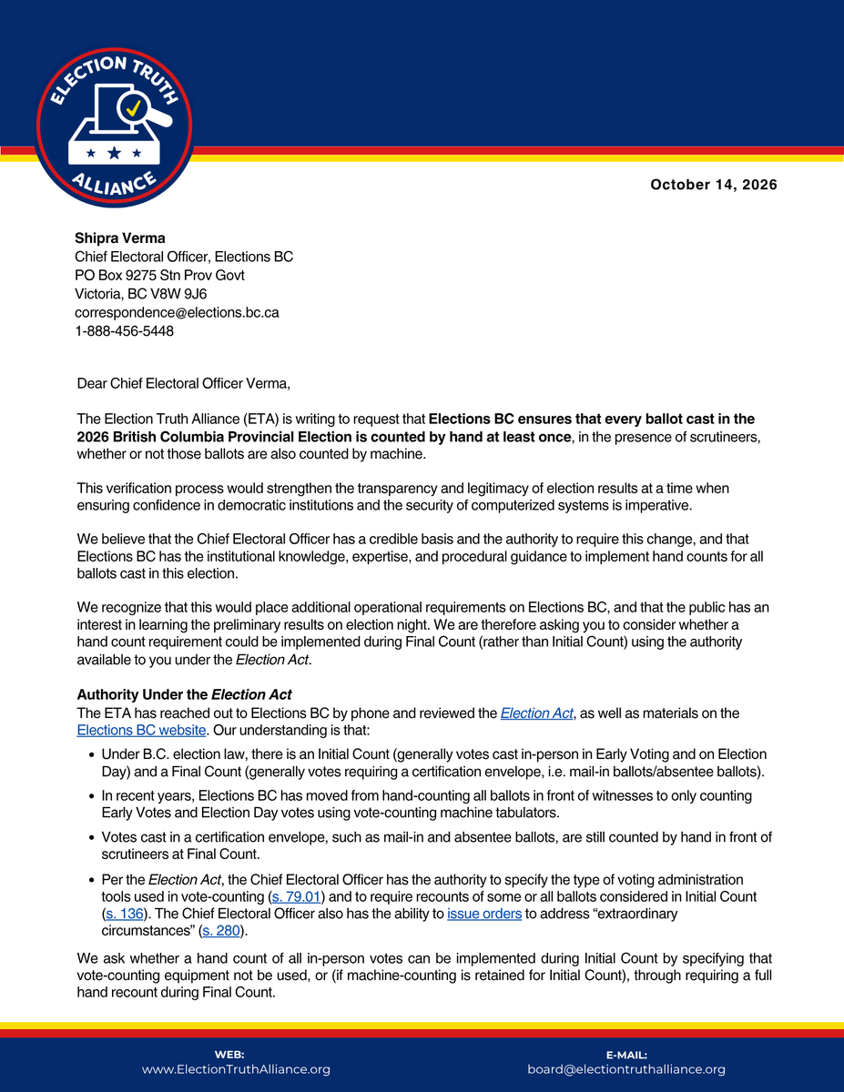 ETA_Org's tweet photo. Please see our letter to the Chief Electoral Officer of British Columbia, in which we request that Chief Electoral Officer Verma use authority under the Election Act to require all ballots cast in the 2026 B.C. Provincial Election be counted by hand in front of scrutineers. https://t.co/howuxJGmjq
