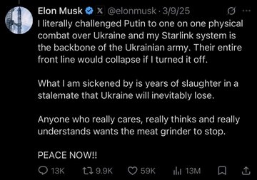 A tweet from Elon Musk (@elonmusk, 3/9/25) challenges Putin to one-on-one combat over Ukraine, stating 'PEACE NOW!!' with 13M views.