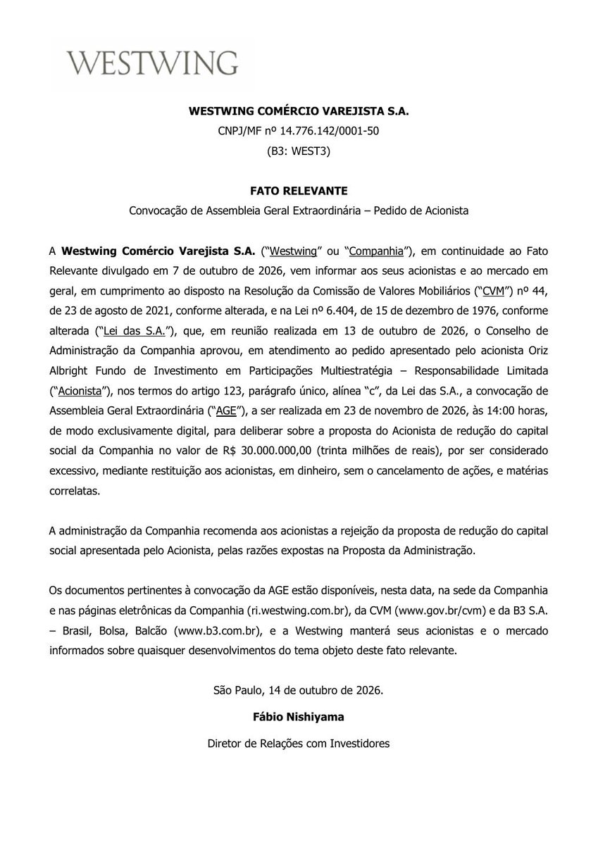 AvisosDaBolsa's tweet photo. WESTWING COMERCIO VAREJISTA S.A. - Convocação AGE #WEST3 https://t.co/kQ3Rij5YZz