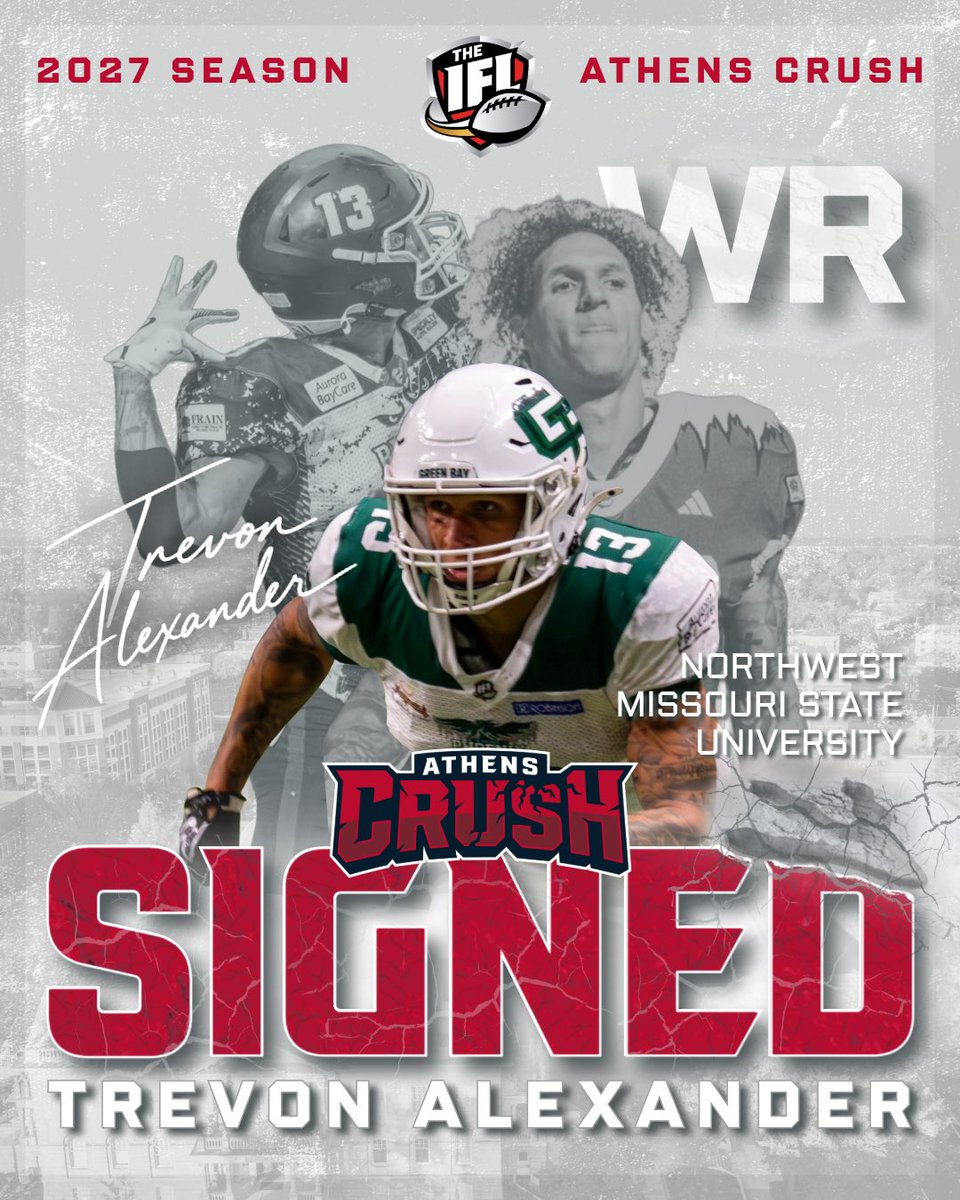 AthensCrushIFL's tweet photo. Welcome to Where Legends Roam! 🦖 

We're excited to announce our newest signing for the 2027 season- WR Trevon Alexander from Northwest Missouri State University! 💥 

As a driving force in delivering the Green Bay Blizzard to the IFL National Championship Game in the 2026 season, Alexander is joining the Athens Crush as an experienced playmaker. Last season, he dominated the position as Green Bay’s leading receiver with 58 receptions for 810 yards and 26 touchdowns. He also added 10 rushing touchdowns. Prior to joining the IFL, Alexander had a successful collegiate career at Northwest Missouri State leading to a minicamp workout invite with the NFL’s New York Jets. 

Link for the full announcement: https://t.co/McE8rgjsTr

#AthensCrush #ReadySetCrush 
@tvon01