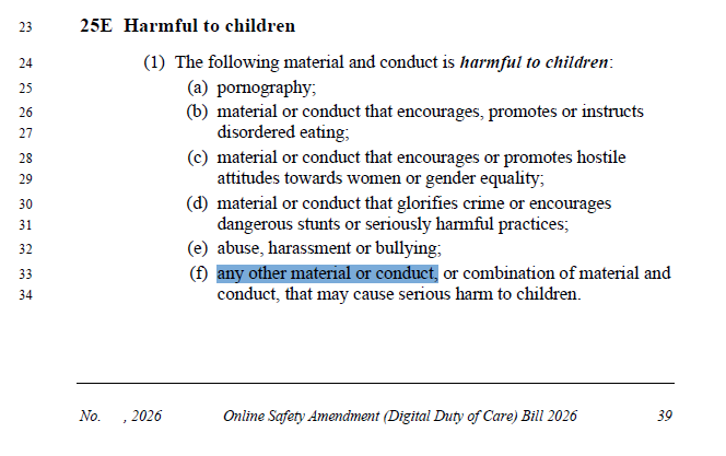 ausvstheagenda's tweet photo. The Bill’s definition of material harmful to children includes a catch-all for:

“any other material or conduct, or combination of material and conduct, that may cause serious harm to children."

Who decides what qualifies? https://t.co/F9Xr4fVFyk