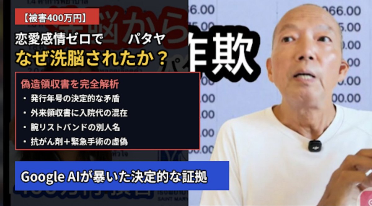 hideyook's tweet photo. 【被害400万円】パタヤのロマンス詐欺手口を全暴露！Google AIで偽造領収書を見破った決定的な証拠とは？

https://t.co/JmUlk0oLRU

#タイ #パタヤ #ロマンス詐欺 https://t.co/aLdfki4Ieh