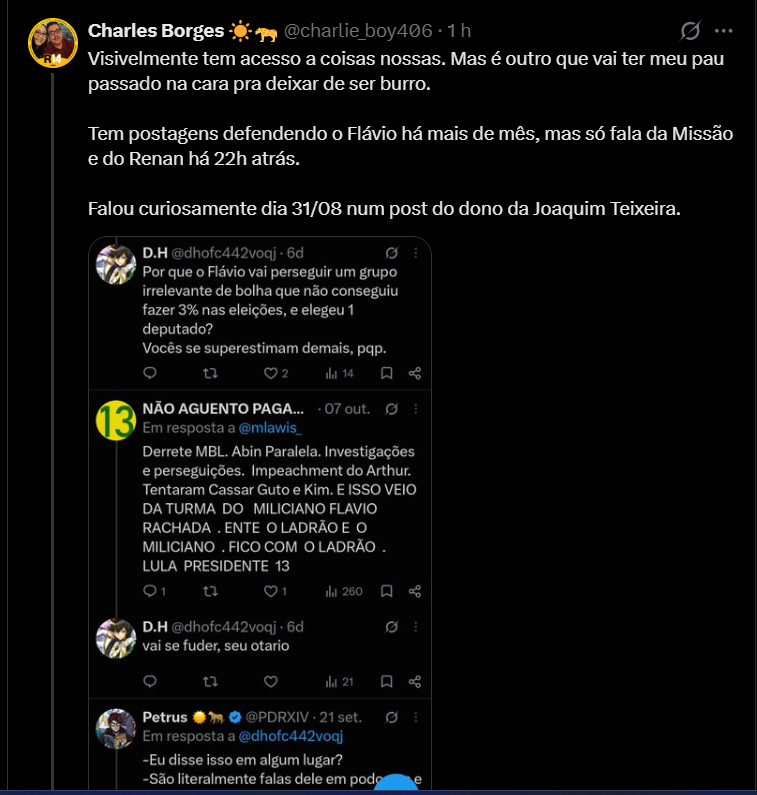 dhofc442voqj's tweet photo. O sujeito me bloqueou e depois postou print, só pra eu n responder. 
A prova que eu sou um infiltrado? 6 dias atrás eu tava puto e xinguei militante.
DESAFIO VOCÊS a acharem postagem defendendo o flávio há mais de um mês. https://t.co/L8bZ50UxuD