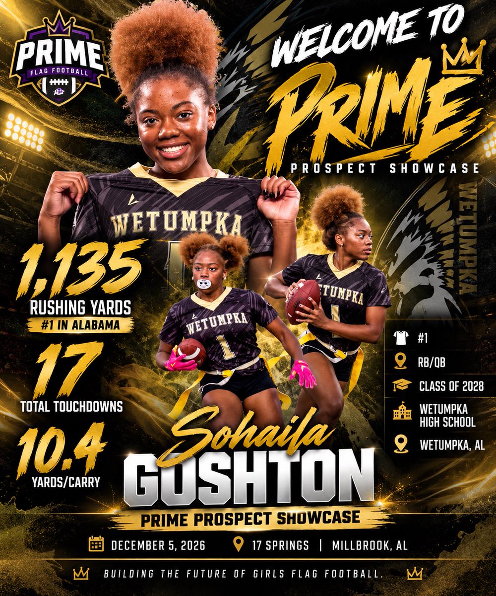_PrimeFlag's tweet photo. WELCOME TO PRIME, SOHAILA GOSHTON! 🏈👑

🔥 1,135 rushing yards
🔥 17 touchdowns
🔥 10.4 yards per carry
🔥 #1 in Alabama in rushing yards!

The Class of 2028 standout from Wetumpka High School is bringing her talent to the PRIME Prospect Showcase! https://t.co/mlNcODJ14T