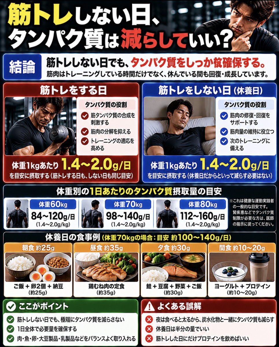 Rey_Mens_Lab's tweet photo. 筋トレ初心者、
「今日はジムに行かないから、タンパク質は少なくていいよね？」

実は、これ勘違いしやすい。

筋肉は、筋トレしている時間だけ成長するわけじゃない。

トレーニング後も筋タンパク質の合成は高まるため、休養日の栄養も大切。

例えば、体重70kgの男性なら、

筋肥大を目指す場合の目安は
1日98〜140g（体重×1.4〜2.0g）。

これは筋トレする日だけの数字ではない。

【筋トレする日】
→ タンパク質をしっかり確保

【筋トレしない日】
→ 同じように確保する

毎日まったく同じ量にする必要はないけど、休養日だからといって極端に減らす理由もない。

例えば、

朝：卵＋納豆＋ご飯
昼：鶏肉の定食
夜：魚＋豆腐＋ご飯
間食：ヨーグルトやプロテイン

こんなふうに、毎食タンパク質を含む食品を組み合わせればOK。

大切なのは、
「筋トレした日にだけ頑張る」ことではなく、
「休む日も含めて、継続して必要量を摂る」こと。

筋肉づくりは、ジムにいない時間も続いている。