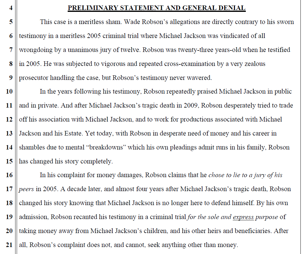 MJJRepository's tweet photo. The preliminary statements are worth resharing.

"A meritless sham."

"Wade recanted his testimony in a criminal trial for the sole &amp; express purpose of taking money away from MJ's children, heirs &amp; beneficiaries. Wade's complaint does not and cannot seek anything other than 🤑." https://t.co/4hqtxzigJX