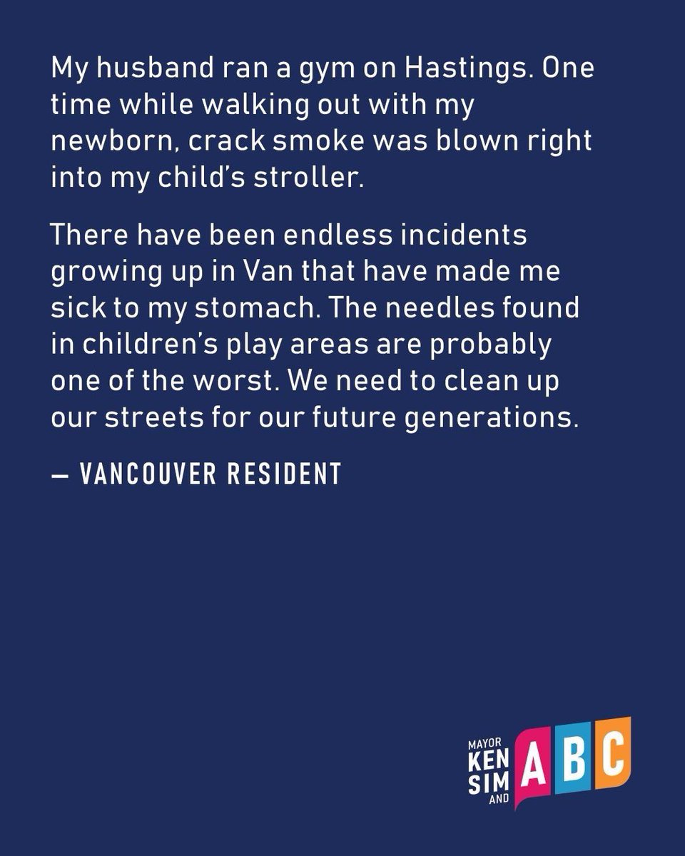 Vote4ABC's tweet photo. There are many reasons this election matters, but one of the most important issues facing Vancouver is public safety and street disorder.

Mayor Ken Sim and your ABC Vancouver team brought forward the Public Safety Plebiscite, proposing:

1. Strengthening City bylaws against open-air hard drug use

2. Calling on the Province to provide more voluntary and at least 100 involuntary care beds for people facing severe mental health and addiction challenges

The National Post has now endorsed voting YES on both questions.

The editorial comes amid continued public discussion about street disorder, addiction, treatment and recovery.

Residents from across Vancouver have also shared their experiences, including concerns about drug use near children, conditions in their neighbourhoods, access to medical treatment and pressure on emergency rooms. Some of their comments are featured in this carousel.

Only Mayor Ken Sim and your ABC Vancouver team have committed to pursuing the changes proposed in the plebiscite.

On October 17, Vancouverites will elect their next mayor and council and have their say on both public safety questions.

Let’s make Vancouver known for world-class treatment and recovery.

Learn more at https://t.co/0GJqSJVDGy.

#ABCVancouver #PublicSafety #VoteYes