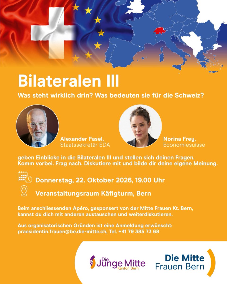 DieJungeMitteBE's tweet photo. 🇨🇭 Bilaterale III – was bedeutet das für die Schweiz? Diskutiere mit uns am 22. Oktober um 19:00 Uhr im Käfigturm Bern. Mit spannenden Inputs und anschliessendem Apéro! 🥂
Anmeldung erwünscht: praesidentin.frauen@be.die-mitte.ch
#diejungemittebern #bilaterale3 #politik #diemitte https://t.co/odH0WX7c3c