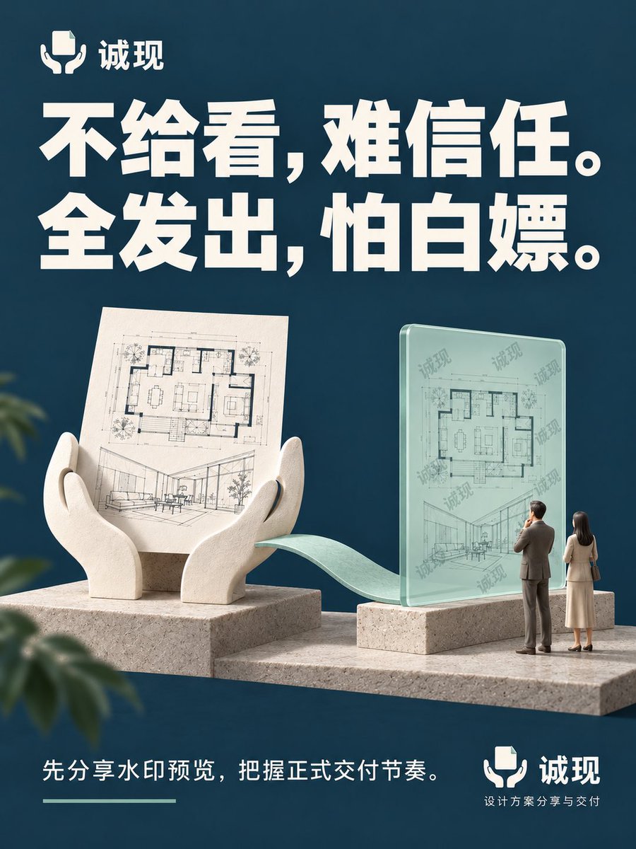 zeallaez_'s tweet photo. 再也受不了设计被白嫖但是不给方案又难以建立信任？

体验版二维码已经有了大家可以体验下还有什么问题。这个小程序用于交设计稿件有限阅读打水印防止白嫖。

**软件说明**

诚现是一款为设计师打造的方案交付小程序。上传PDF后，即可通过微信卡片或专属链接分享给客户。设计师可设置授权人数、阅读时长及下载权限，客户在线查看带账号水印的方案，邀请到期自动失效。适用于建筑、室内、景观及视觉设计等方案沟通场景，让交付更顺畅，让作品分享更有边界。

做设计，除了认真完成方案，也希望交付时能多一份安心。

最近做了一款小程序，叫「诚现」——诚意呈现，也认真对待每一份创作。

上传PDF，就能分享给客户在线阅读。可以设置几个人看、看多久、是否允许下载，阅读页面带账号水印，邀请到期自动失效。

希望它能让设计师少一点交稿时的顾虑，让客户看方案更方便。

欢迎建筑、室内、景观、平面等领域的设计师朋友来体验，也欢迎把使用中的问题和建议告诉我，我们一起把它打磨得更顺手。

👇 点击小程序卡片，体验「诚现」