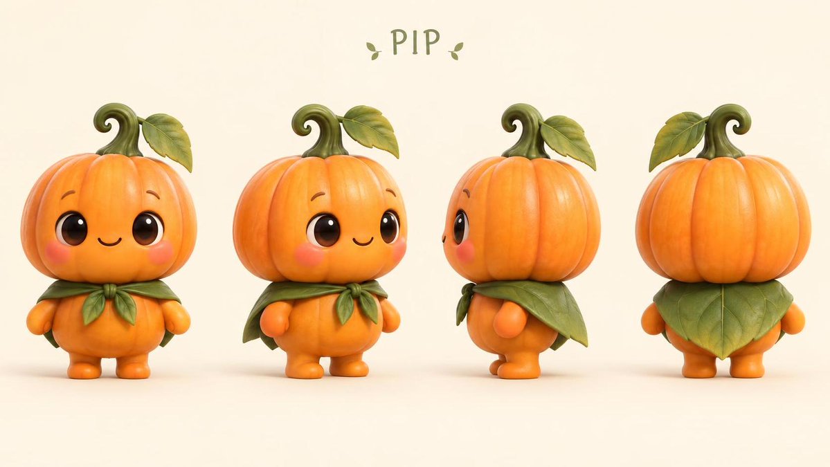 inkroom_ai's tweet photo. One pumpkin sprite, four sheets: turnaround, expressions, outfits, and a moonlit scene. Pip looks like Pip in every one. https://t.co/OKF1X27VF8