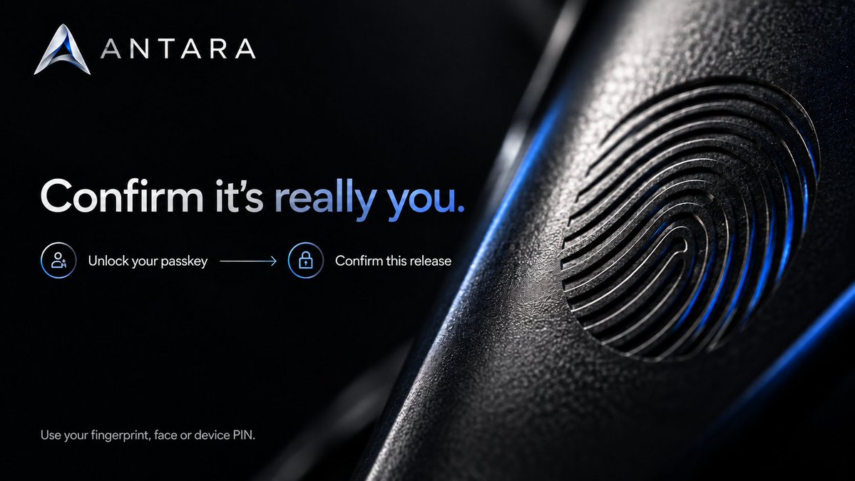 AntaraWallet's tweet photo. A fingerprint. Your face. Or your device PIN.

That familiar action unlocks your passkey to confirm a specific ANTARA vault release.

The request is tied to the operation’s details, including the vault, asset, amount and destination. It isn’t a reusable “yes” for whatever happens next.

Your device sends a signed response. Your fingerprint or face data stays with your device.

Passkey confirmation is required for paired-vault releases. Your wallet’s on-chain approval is a separate step.