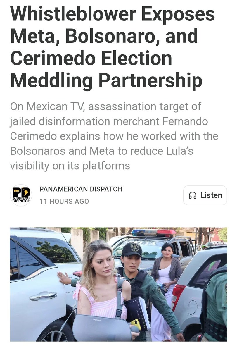 BenjaminNorton's tweet photo. This story is extremely important:

A whistleblower revealed that Brazil's far-right Bolsonaro family dynasty met with Meta to discuss US plans to interfere in Brazil's election, to prevent Lula from winning.

Lula's Facebook and Instagram accounts were censored a few days before the first round of the presidential election.

This had a huge impact on the election, because Facebook, Instagram, and WhatsApp, which are all owned by Meta, are the most popular apps in Brazil, and are hugely influential all across Latin America. (Jair Bolsonaro's son Flávio was declared the winner of the first round of the vote, by a narrow margin.)

Meta later admitted that Lula's accounts had been restricted, but it claimed that this was supposedly due to a "technical error"...

The whistleblower who disclosed this is Nadia Beller, a Bolivian journalist who was almost killed by hitmen hired by Fernando Cerimedo, a far-right Argentine political operative who oversees election interference, bots, and disinformation campaigns.

Cerimedo is closely linked to the US government and has worked for pretty much every right-wing leader in Latin America. He was photographed with Donald Trump Jr. and members of the Bolsonaro family, and he received an award at Trump's Mar-a-Lago resort in Florida a few months before he was arrested for the failed assassination attempt against Beller, his pregnant ex-girlfriend.

Link here: https://t.co/9hqjur2P8x