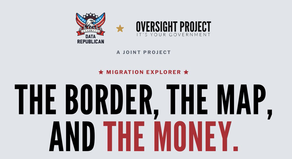 DataRepublican's tweet photo. 🚨 UPDATE: MASS MIGRATION EXPLORER 🚨
NOW WITH THE OVERSIGHT PROJECT 🤝
🔎 FOLLOW THE PEOPLE. TRACE THE MONEY. 💰

Last time I promised the FEMA pull. It's done, and I went further.

The Mass Migration Explorer is now a joint project with @ItsYourGov. Together we've added the money that paid to shelter migrants after they crossed, and it reaches past the federal government into city and state budgets.

What's new:
✅ FEMA shelter money: every Shelter and Services Program award, followed to the NGOs that received it.
✅ City and state contracts: New York City, Chicago, Denver, San Diego, Pima County, El Paso County, California, Massachusetts and more. Money for migrant shelters ran through local governments too.
✅ A "Migrant shelter money" filter that pulls the whole shelter pipeline onto one screen.
✅ 1,275 organizations, every link backed by a USAspending award, an IRS filing, a FEMA allocation or a city contract record.
✅ See what was cut: 150 awards ($537M) terminated, cut short or clawed back since Jan 20, 2025. That includes the FEMA shelter funds pulled back on Feb 10, 2025.

Everything from the first release is still there: the border chart (monthly encounters down 96%), the county map back to 1990, the 116 explained county jumps, the legal-pathway layers and the faith-network filters.

💡 This money stopped because voters changed who was in charge. Keeping it stopped takes more Republicans in Congress. Vote straight Republican Nov 3. 🇺🇸

👇 Try it now: [link in next post]