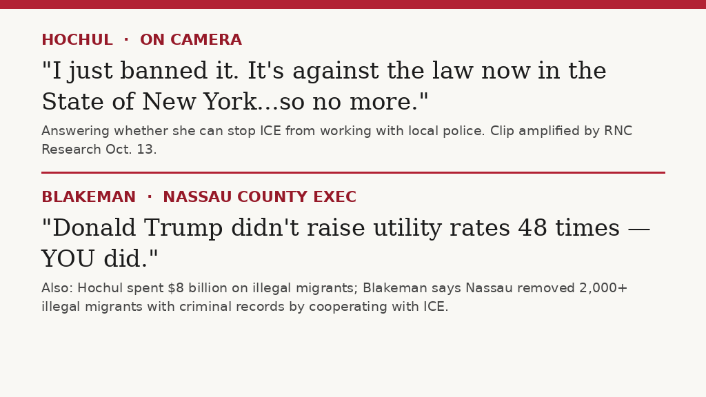 tardpineapple's tweet photo. Kathy Hochul bragged she banned ICE from working with NY police. Bruce Blakeman put the bill on her: $8 billion for illegal migrants, utility rates hiked 48 times, and she won't return families' calls after migrant crime.

She's trending. New York noticed. https://t.co/fgqWIlkOBB