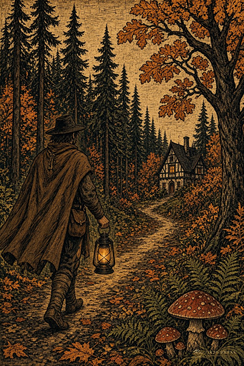 salmon1820's tweet photo. Recent Art 🍂
One lantern, one path,
oak leaves falling like small gold coins.
Someone left the cottage light on.
#AutumnArt #Woodcut #AIart https://t.co/5vMxyxZqJV