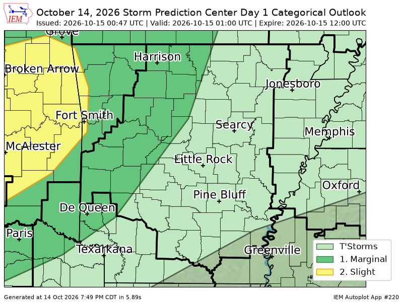 ChiefKeith's tweet photo. #SPC issues Day 1 Marginal Convective Risk at Oct 15, 0:47z for LZK https://t.co/tCD4CpWNmI https://t.co/5c0eBoxivL