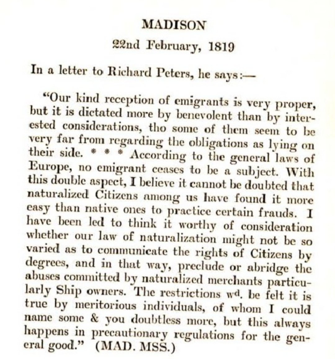 derzum_'s tweet photo. Father of the Constitution, James Madison observed that naturalized citizens are more likely to practice or commit fraud, having less loyalty to America than their home countries.

Madison advised strong restrictions on immigration &amp; naturalization, for the good of the nation. https://t.co/ZKfmOnBNwf