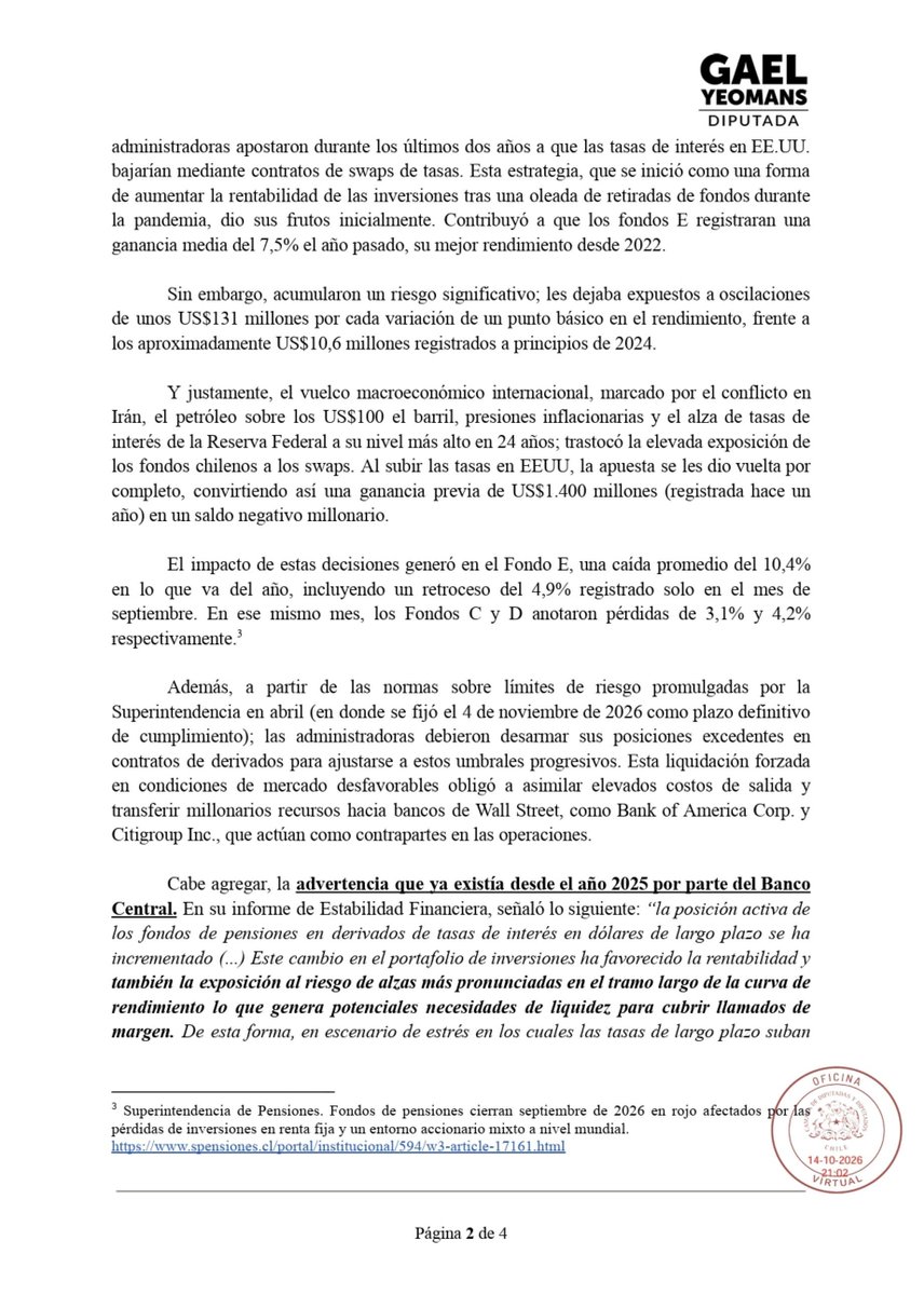 GaelYeomans's tweet photo. Como bancada de @elfrente_amplio hemos decidido oficiar a la Superintendencia de Pensiones por la pérdida de más de $7.700 millones de dólares en las pensiones de millones de chilenos.
No se debe seguir apostando con jubilaciones de las y los chilenos. https://t.co/cVqN7angWa