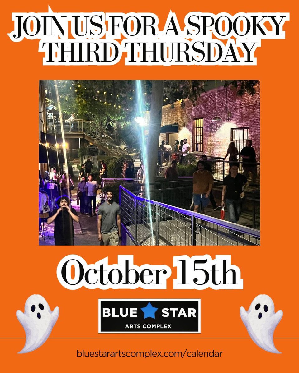 BlueStarComplex's tweet photo. TOMORROW, October 15th! Join us for some spooky fun at our Ghost Town Third Thursday at Blue Star Arts Complex! For our full event calendar &amp; details, see the link in our bio! We are looking forward to it! 👻🎃 https://t.co/53oBsb75Zy