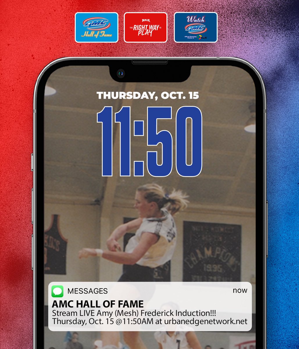 AMCSports's tweet photo. 🏆 AMC HALL OF FAME 🏆

Tune in tomorrow, Oct. 15 at 11:50 AM as Amy (Mesh) Frederick is inducted into the AMC Hall of Fame for her outstanding @ColumbiaCougars volleyball career (1994-1998)! 👏

📺 Watch at https://t.co/1T3rFz7CIv under CC vs. CBC.

#TheRightWayToPlay https://t.co/WqsAJcCcDj