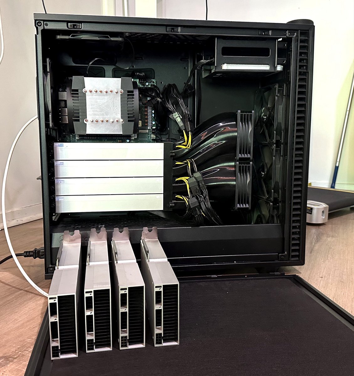 Morrowmake's tweet photo. I’m going to need a bigger box!

4 more CMP 170HXs just landed. That’s 512GB of HBM2e, at ~1.5TB/s per card. 🔥🔥

CPU: Epyc 7663, 56 cores
Motherboard: H12SSL-i
RAM: 256GB PC3200 DDR4
SSD: 4TB Gen 4
HDD: 24TB

I’ll need some time to rehome this beasty. https://t.co/UtasEOi3Nt