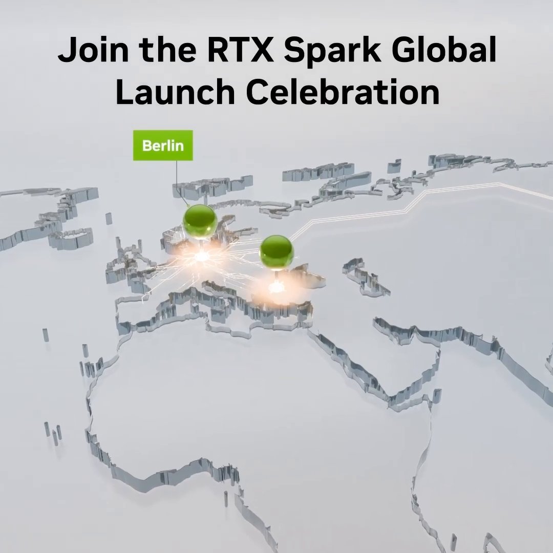A promotional graphic displaying "Join the RTX Spark Global Launch Celebration" with a 3D map of Europe highlighting Berlin with a green marker and glowing light effects.