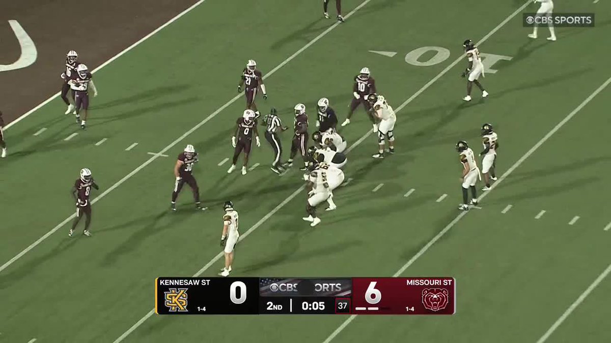 A CBS Sports broadcast of a college football game between Kennesaw St and Missouri St, with Missouri St leading 6-0 in the 2nd quarter with 0:05 remaining.