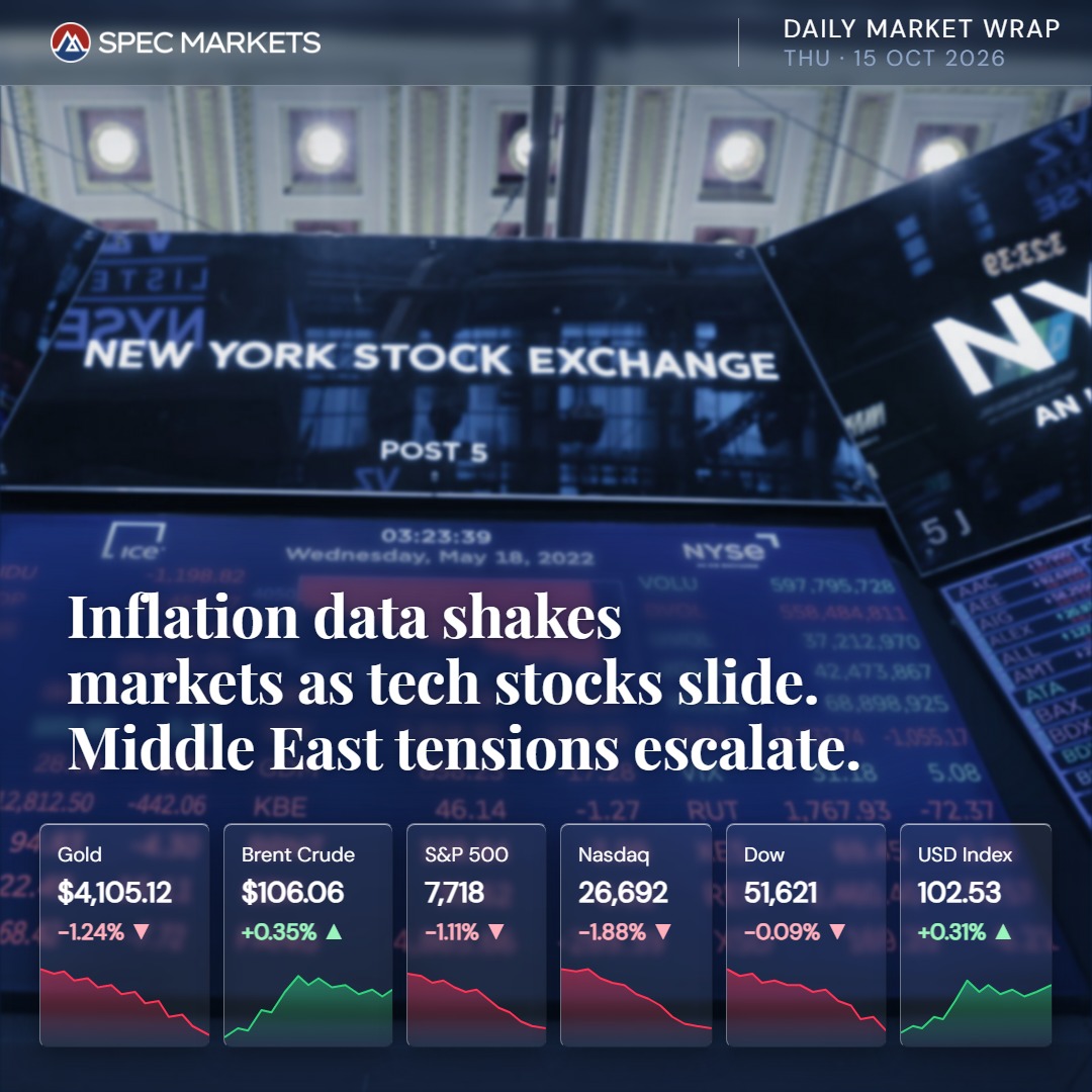 SpecCapital's tweet photo. US equities fell Wednesday as hotter-than-expected inflation revived concerns over further Fed rate hikes, with technology stocks leading the selloff. Treasury yields were mixed, while a stronger dollar pressured gold towards recent support. Oil rose as Middle East supply risks remained in focus, with WTI outperforming Brent. Today’s attention shifts to Australian employment, UK GDP and a packed US calendar featuring PPI, retail sales, the Philly Fed survey and weekly jobless claims. Surprises in inflation or growth could reshape rate expectations and fuel volatility across currencies, bonds and equities.

https://t.co/8VF099QP9d

#DailyMarketWrap #Nasdaq #TechStocks #CPI #FederalReserve #TreasuryYields #USDollar #OilMarkets #GoldMarkets #MiddleEast #AustraliaJobs #UKGDP #PPI #RetailSales #JoblessClaims #yemen #houthis #saudi