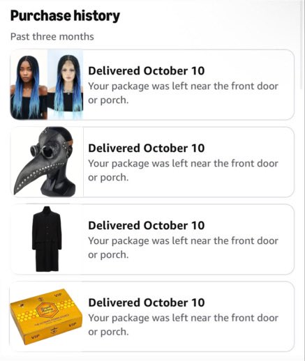 0NEMORETlME's tweet photo. i hope whoever stole my package was also planning to be why for halloween https://t.co/GfLd4e0QvH
