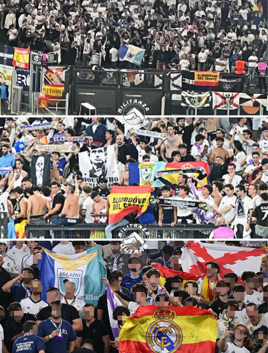 UltrasPresent's tweet photo. Banderas de la Lazio 🔵⚪️ y de los IRRIDUCIBILI (Ultras Lazio) entre los aficionados Madridistas 🟣⚪️🇪🇸desplazados al Estadio Olímpico de Roma 🇮🇹

AS Roma - Real Madrid CF.
#ChampionsLeague https://t.co/yvWdcKOhhm