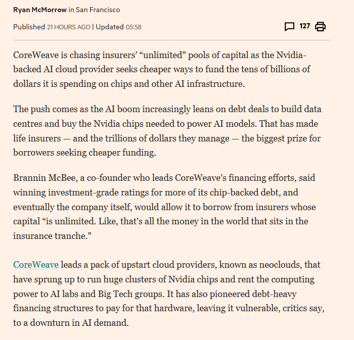 zerohedge's tweet photo. Remarkable admission from CoreWeave co-founder that life insurers (i.e., private credit) is this bubble's dumbest money.  As noted exactly a year ago, insurers will be this generation's "widows and orphans" after the wipeout https://t.co/LINHZDEzki