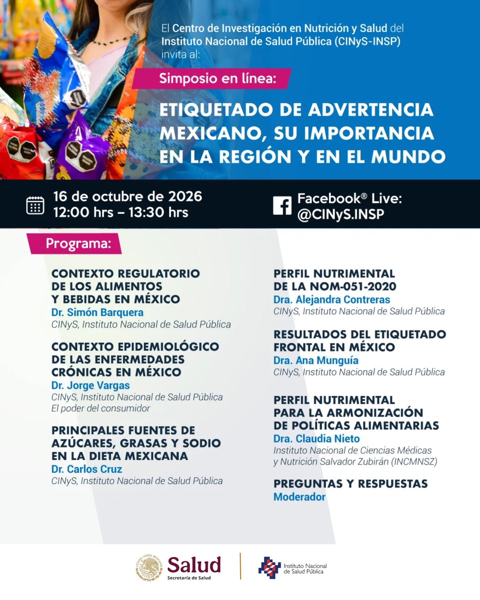 inspmx's tweet photo. ¡No te lo pierdas! 🚨
📣 Acompáñanos al #Simposio Etiquetado de advertencia mexicano, su importancia en la región y en el mundo
📆 16 de octubre
🕛 12:00 horas
🎥 Transmisión en vivo por el Facebook live del @1CINyS https://t.co/NNxNiFPF5d