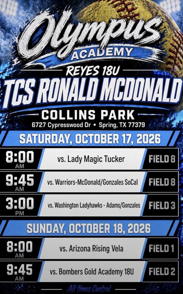 kayliewacker's tweet photo. Ronald Mcdonald Schedule drop!! 📍Collins Park @The_OlympusAcad @Ranch__Softball https://t.co/cRxfs34PwG