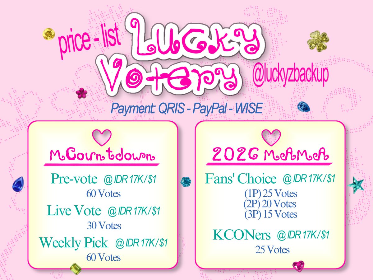 luckyzbackup's tweet photo. ୨ৎ 𝐕𝐎𝐓𝐄𝐒 𝐅𝐎𝐑 𝐒𝐀𝐋𝐄 ୨ৎ
♡ 17K IDR / $1

🍑 𝐌𝐂𝐎𝐔𝐍𝐓𝐃𝐎𝐖𝐍
prevote — 60🎟
live vote — 30🎟

🎀 𝐌𝐀𝐌𝐀 𝐀𝐖𝐀𝐑𝐃𝐒
Fans' Choice 1st — 25🎟
Worldwide KCONers' Choice — 25🎟

💌DM to order
t. #bealanja wts wtb jual beli sell vote mnet mama 2026 mcountdown prevote https://t.co/lvSRLS892O