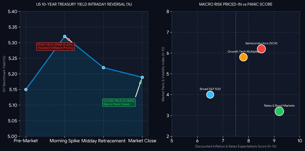 ReidThorntytjp's tweet photo. All three major U.S. stock indices closed lower on Wednesday, with the semiconductor and chip sector continuing its recent trend of volatility and liquidation.

In the debt market, the yield on the benchmark 10-year U.S. Treasury note briefly surged past 5.32% during early trading, driven by inflation concerns. However, the move triggered strong buying interest, pushing the yield back down to close at 5.189%—a classic pattern of an initial spike followed by a pullback as market sentiment recalibrated.

The prevailing view is that neither the stock market nor the bond market is "overly concerned," as the recent uptick in inflation is seen as "transitory," and macroeconomic risks are already fully priced in.
