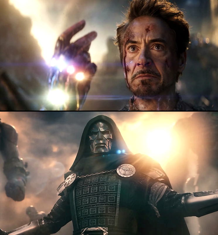 DailyMarvel97's tweet photo. The Russo brothers already said Tony's death in Endgame is directly tied to RDJ's Doctor Doom, and I think the clue has been sitting right in front of us since 2019.

When Tony snapped the gauntlet, the stones didn't just kill him. They specifically burned and scarred the entire right side of his face.

What if Doom is the Tony from one of the timelines who actually survived the snap, saw the multiverse through the stones, and wears the metal mask to cover those exact same burn scars?

Be honest. Would that twist cook or ruin Tony's ending?