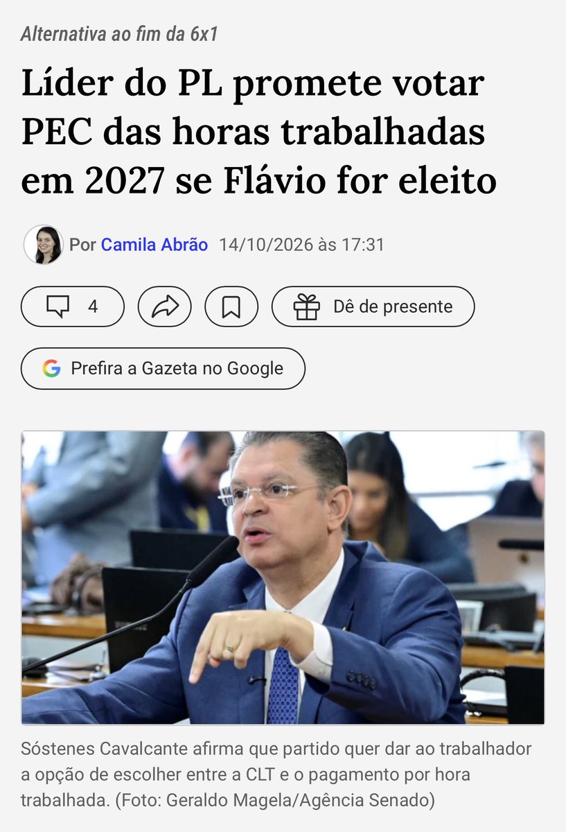 felipeneto's tweet photo. A escala 6x1 acabou? Na prática, não. 

O gov Lula conseguiu, após muita pressão, acabar com a escala 6x1 hoje. 

Porém, Flávio Bolsonaro deixou claro q, se vencer, vai derrubar a decisão e insistir na “PEC das horas trabalhadas”, q vai fazer todo trabalhador ter q negociar diretamente com o patrão qualquer coisa.

INCLUINDO UMA ESCALA 7x0, EM NOME DA TAL “LIBERDADE TOTAL”.

Que fique claro: a escala 6x1 só acabará SE LULA FOR REELEITO!
Caso contrário, o cenário será devastador para o trabalhador brasileiro!!!

O próprio líder do PL na Câmara, Sóstenes Cavalcante, disse HOJE que, assim que for eleito, Flávio vai avançar a “PEC das horas”, desfazendo a conquista do fim da 6x1.

“Ah mas o Flavio votou a favor do fim da escala 6x1” - Sim, para enganar TROUXA. Você é um?
Ele votou a favor para não perder votos, mas deixou claro nos bastidores que vai derrubar.

A escala 6x1 só estará encerrada SE LULA VENCER!!!

Espalhem isso!!!