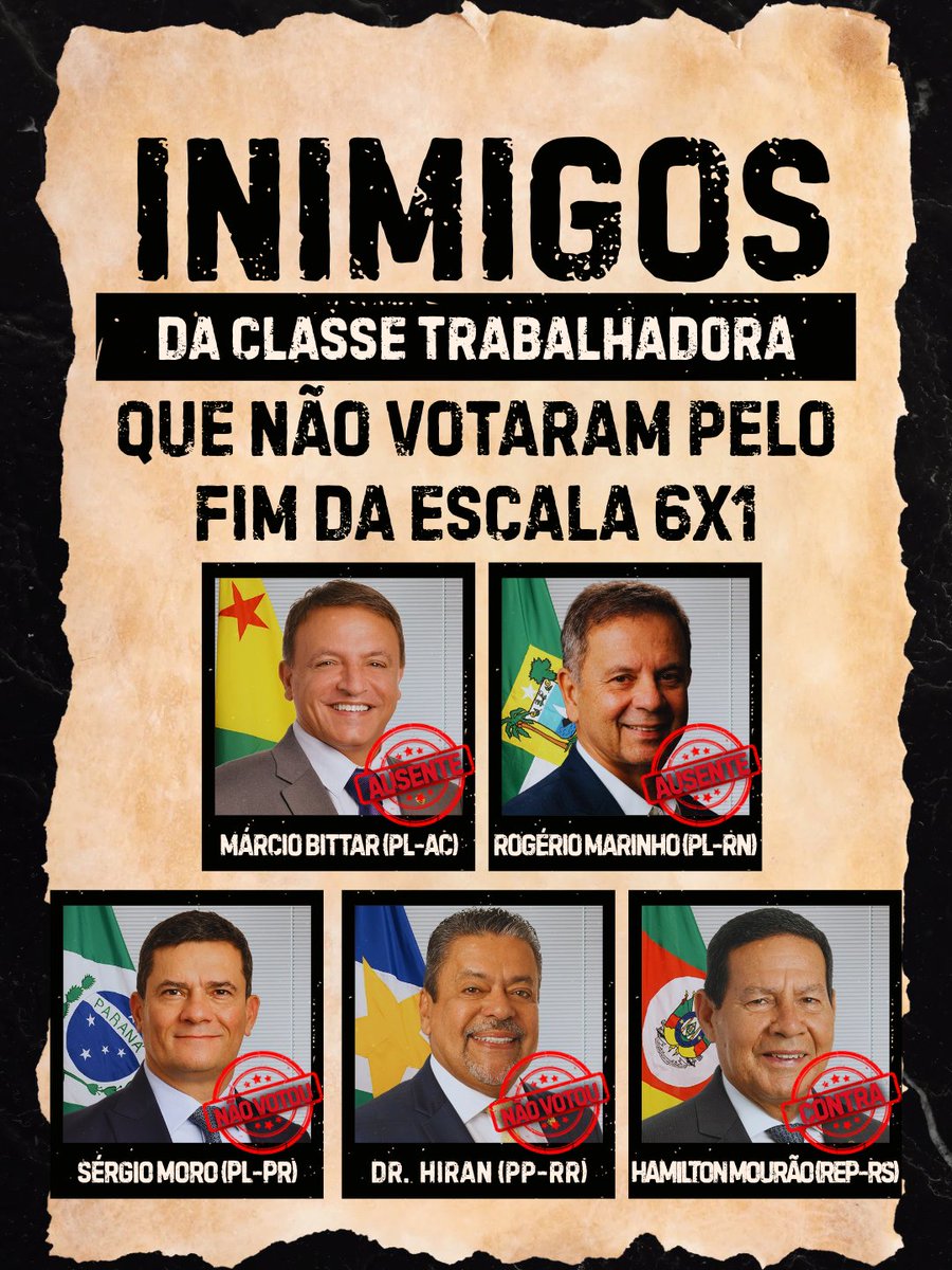 dudahidalgo13's tweet photo. Bora memorizar os rostinhos de quem NÃO VOTOU junto com as trabalhadoras e trabalhadores brasileiros o Fim da Escala 6x1? https://t.co/9UysvIVZ6G