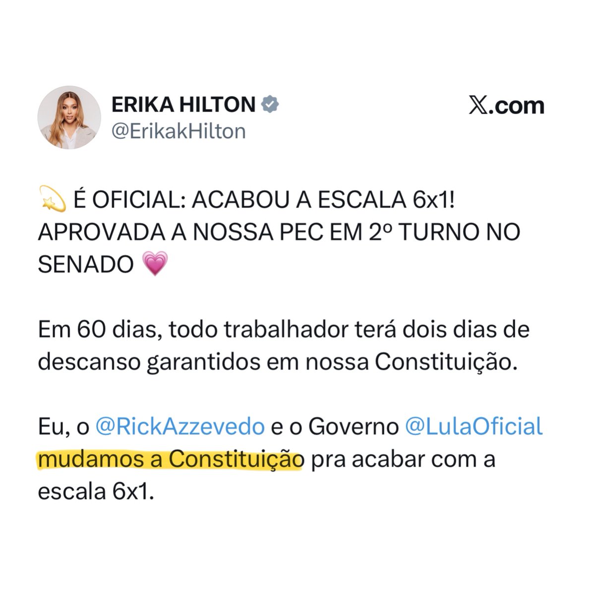 RubinhoNunes's tweet photo. Calma aí @ErikakHilton , vocês não eram contra mudar a constituição? https://t.co/7X9VwDMhT2